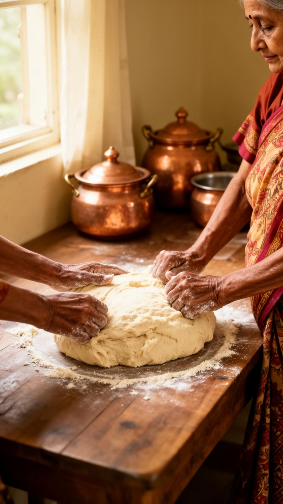 A grandmother kneading dough in a warm traditional kitchen